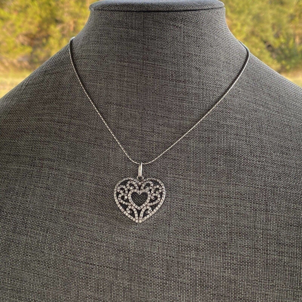 925 Sterling Silver Chain Necklace Heart Pendant CZs Vintage